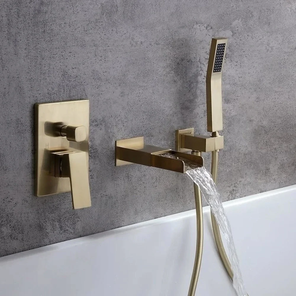 Modern Waterfall Wall-Mount‎ Solid Brass Bathtub Faucet With Handheld Shower